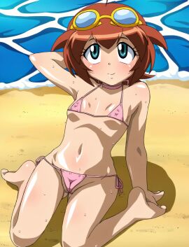 1girls ai_generated animated beach beyblade beyblade_metal_fusion bikini bkini blush brown_hair female goggles_on_head highres human light-skinned_female light_skin looking_at_viewer madoka_amano presenting pussy revealing_breasts short_hair small_breasts smile striptease sweat tagme video visible_pussy