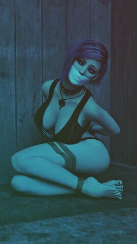 1girls 3d arms_behind_back bondage bound bound_ankles bound_wrists cleavage cloth_gag clothed_bondage female gag gagged original purple_hair thighs ultimate-clash