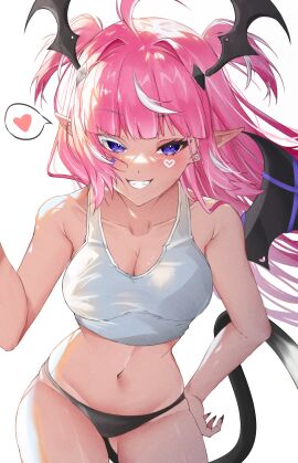 ahoge bangs black_panties blush breasts camila_(vtuber) cleavage collarbone demon demon_girl demon_tail demon_wings facial_mark female grin hand_on_hip head_wings heart indie_virtual_youtuber large_breasts long_hair looking_at_viewer marking_below_eyes multicolored_hair navel panties pink_hair pointy_ears purple_eyes simple_background smile solo spoken_heart streaked_hair succubus tail two_side_up underwear virtual_youtuber white_background white_hair wings