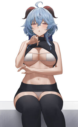 1girls big_breasts black_legwear blue_hair blush breasts female female_only ganyu_(genshin_impact) genshin_impact hinaki0102 horns lifting_shirt looking_at_viewer miniskirt on_bed short_hair short_skirt showing_bra simple_background sitting skirt sweatdrop thighhighs upskirt visible_underwear white_bra white_panties