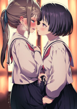 1futa 1girls absurdres ayanakitori big_penis black_hair blush breasts brown_hair bulge clothed clothing crotch_grab cum cum_on_clothes cum_on_skirt dialogue duo erection erection_under_clothes eye_contact female fully_clothed futa_on_female futa_with_female futanari handjob handjob_over_clothes highres human imminent_kiss intersex japanese_text light-skinned_female light-skinned_futa light_skin looking_at_another masturbation motion_lines multiple_females multiple_girls original penis sailor_collar school_uniform short_hair text textless_version