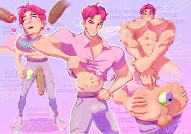 abby_(kpop_demon_hunters) anal_insertion bara big_pecs bulge cum cum_on_face english_text gay kpop_demon_hunters lifting_shirt male male_only muscular muscular_bottom muscular_male nathanpink object_in_ass object_insertion pecs penis saja_boys soda_can spreading_ass veiny_penis yaoi