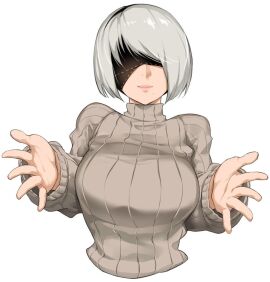 1girls bakkanki big_breasts blindfold blindfolded breasts cute female female_focus female_only hug hug_invitation huge_boobs huge_breasts huge_honkers inviting_to_hug large_breasts light-skinned_female light_skin nier nier:_automata nier_(series) reaching_towards_another reaching_towards_viewer romantic smile smiling smiling_at_viewer solo solo_female solo_focus sweater turtleneck white_background white_hair yorha_2b