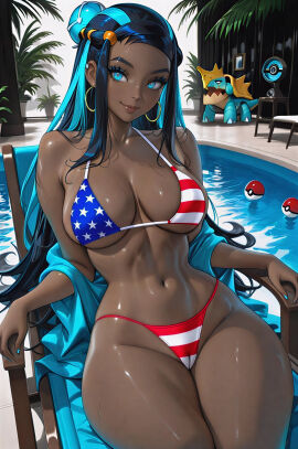 1girls ai_generated american_flag_bikini bikini black_hair blue_eyes blue_hair dark-skinned_female dark_skin hi_res looking_at_viewer narrow_waist nessa_(pokemon) pokeball pokeballs pokemon pokemon_(species) pool poolside two-tone_hair underboob upscaled wide_hips