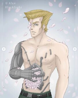 1adult adult_only alexblacklight alexblacklight_(artist) battle_tendency blonde_hair blue_eyes cybernetic cybernetic_arm cybernetic_eye cybernetic_limb cybernetics cyborg cyborg_male cyborg_man digital_art flowers human_artist jojo's_bizarre_adventure male male_focus male_only muscular muscular_male no_ai petals rudolph_von_stroheim solo solo_focus solo_male