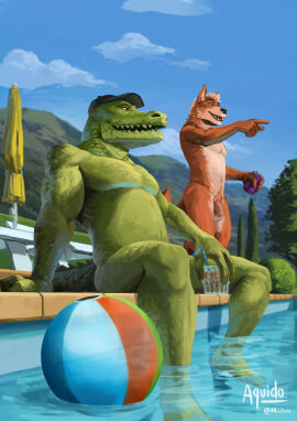 2022 alligator alligatorid anthro aquido ass ball_(object) balls baseball_cap baseball_cap_only beach_ball beach_umbrella beverage biceps canid canine casual_nudity clothing cloud crocodilian duo flaccid fox genitals gesture grin hand_gesture hat headgear headwear hi_res inflatable male male/male male_only mammal masculine_male mountain outside parasol partially_submerged pecs penis pointing pool poolside reptile scalie sitting smile spread_legs spreading standing triceps