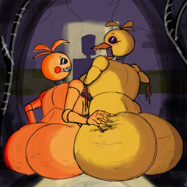 2girls animatronic animatronic_female ass big_ass big_breasts breasts cheetard chicken chicken_girl female five_nights_at_freddy's five_nights_at_freddy's_2 robot robot_girl scottgames toy_chica_(fnaf) withered_chica