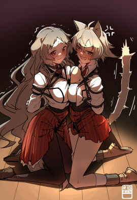 2girls absurdres ahoge anger_vein animal_ears arms_behind_back black_thighhighs blush bondage bound bound_arms breast_press breasts cat_ears cat_girl cat_tail chubb cleavage commission dim_lighting dog_ears dog_girl dog_tail female full-face_blush full_body hair_between_eyes highres kneeling large_breasts linia_dedoldia long_hair looking_at_viewer motion_lines multiple_females multiple_girls mushoku_tensei open_mouth partially_unbuttoned pursena_adoldia ranoa_magic_academy_school_uniform red_eyes red_skirt restrained rinia_dedoldia school_uniform second-party_source shirt short_hair skirt slit_pupils symmetrical_docking tail thighhighs trembling very_long_hair wavy_mouth white_shirt wooden_floor
