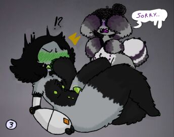 absurd_res arachnid arthropod belly black_body black_fur black_hair blush bodily_fluids colored cum cute_fangs dialogue digital_drawing_(artwork) digital_media_(artwork) duo embarrassed english_text erection fur genital_fluids genitals grey_body grey_fur hair hi_res humiliation male male/male multi_arm multi_eye multi_limb multi_nipple nick_(beastbeans) nipples nude open_mouth penis prosthetic prosthetic_arm prosthetic_limb simple_background slightly_chubby sosu-the-blue-wolf spider suprised_look surprise surprised_expression tail teeth text velley_(beastbeans) white_body white_fur