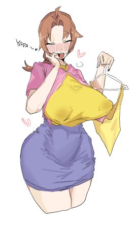 1girls ahoge blue_skirt blush blush_lines blushing breasts brown_hair brunette_hair cardigan closed_eyes covered_navel delia_ketchum_(pokemon) english english_text erect_nipples female hand_on_face hand_to_face hand_to_own_mouth heart jeans large_breasts leaking leaking_breasts leaking_nipples leebongchun mature mature_female medium_hair milf miniskirt mother nipple_bulge nipples nipples_visible_through_clothing open_mouth pink_cardigan pokemon ponytail short_hair skirt solo stained_clothes teeth tight_clothing tight_skirt tongue wet_clothes wet_nipples yellow_shirt yellow_topwear