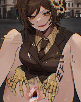 after_sex after_vaginal belt body_writing breasts brown_eyes brown_hair brown_necktie censored coat collared_shirt commentary_request cum earrings female gauntlets gears glitch highres jacket jewelry korean_commentary large_breasts limbus_company long_sleeves menodow390 mosaic_censoring necktie outis_(project_moon) pinstripe_pattern pinstripe_shirt project_moon pussy shirt short_hair solo spread_pussy t_corp._(identity)_(project_moon) tally yellow_eyes yellow_shirt