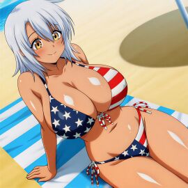 1girls ai_generated american_flag_bikini beach big_breasts bikini blush female hi_res high_resolution hires joshi_luck! shirogane_sakura silver_hair sitting smile solo_female upscaled white_hair yellow_eyes
