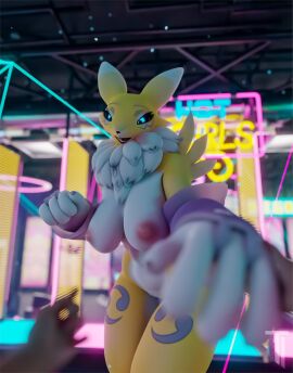 3d anthro areola armwear bandai_namco barely_visible_genitalia barely_visible_pussy big_breasts blue_eyes breasts bridal_gauntlets canid canine clothing digimon duo female fox genitals glowing glowing_eyes hi_res human mammal nipples pussy renamon solo_focus tenshi_ai thick_thighs