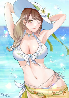 1girls absurdres armpits arms_behind_head bikini blue_sky blush braid breasts brown_hair cleavage closed_mouth day female female_only fire_emblem fire_emblem_engage fire_emblem_heroes flower goldmary_(fire_emblem) hat highres kousetu0506 large_breasts long_hair looking_at_viewer mole mole_on_breast navel nintendo ocean official_alternate_costume one_eye_closed outdoors sarong see-through signature sky smile solo stomach sun_hat swimsuit water white_bikini white_flower white_hat white_swimsuit yellow_eyes