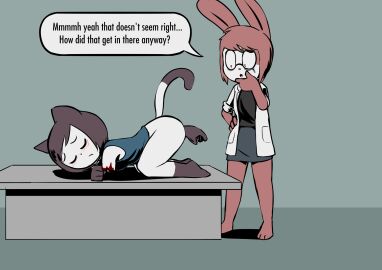 3_toes ambiguous_penetration amputation amputee anthro barefoot blush bodily_fluids bottomless bottomwear clothed clothing confusion constricted_pupils doctor domestic_cat dr._emilia_(e254e) duo e254e embarrassed eyewear feet felid feline felis female funny glasses gloves gore handwear hi_res humor lagomorph leg_markings leporid mammal markings penetration pupils rabbit severed_arm severed_body_part severed_limb skirt small_pupils socks_(marking) toes what