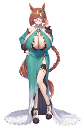 1girls bare_legs bare_shoulders blunt_bangs blush bob_cut braided_ponytail breasts breasts_bigger_than_head center_opening cleavage detached_sleeves dress eyebrows_visible_through_hair eyewear female female_only full_body glasses green_dress grey_eyes hand_on_hip horse_ears horse_girl horse_tail huge_breasts ikuno_dictus_(umamusume) kannko_bokujou looking_at_viewer neutral_expression orange_hair paintcan round_glasses solo thigh_strap umamusume umamusume_pretty_derby