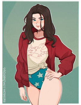 aqua_eyes black_hair blue_eyes blush brown_hair casual_one-piece_swimsuit closed_mouth clothing dc dc_comics female freckles hand_on_own_hip highleg highleg_swimsuit jacket lips long_hair long_sleeves looking_at_viewer madogg one-piece_swimsuit open_clothes open_jacket print_shirt print_swimsuit red_jacket shirt solo standing star_(symbol) star_print swimsuit swimsuit_under_clothes t-shirt thighs tied_shirt white_shirt wonder_woman