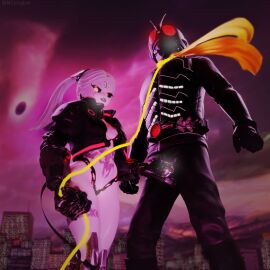 aura_farming bad_end black_body bysamzan collar crotch_rub cyberpunk:_edgerunners cyberpunk_2077 cyborg evil_eyes evil_smile grabbing_crotch groping_through_clothes hentai intimidation jacket kamen_rider leash leash_and_collar looking_at_viewer ncoughar nsfw rebecca_(edgerunners) red_eyes shin_kamen_rider staring_at_viewer takeshi_hongo white_body white_hair yellow_collar