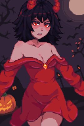 2020s 2023 annoyed_expression autumn bare_shoulders bats black_hair breasts cleavage collarbone devil_costume devil_horns dress female full_moon halloween halloween_costume jack-o'-lantern kari_kozhevnikova night pixel_art red_eyes revealing_dress short_hair thighs tomboy tree yumykon yumyverse