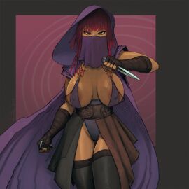 1girls 2024 2d alternate_breast_size areola_slip areolae assassin bangs bare_arms belt big_breasts bodysuit breasts busty cape cleavage cloak clothed clothed_female clothing color colored_hair covered_face dark-skinned_female dark_skin devil_hs erect_nipples eyelashes eyeliner eyes female female_focus female_only fingerless_gloves front_view fully_clothed gloves headgear holding_object holding_weapon hood hourglass_figure huge_breasts human human_only knife looking_at_viewer lucasfilm mae-ho_aniseya melee_weapon mesh mesh_clothing mesh_shirt modified_costume nipple_bulge nipples open_eyes purple_background purple_clothing purple_hair red_hair revealing_clothes see-through see-through_clothing shiny_skin simple_background skimpy skimpy_clothes sleeveless socks solo spiral_background standing star_wars star_wars:_the_acolyte stockings tagme thighhighs thighs veil voluptuous voluptuous_female weapon wide_hips