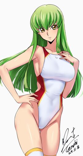 1girls big_breasts breasts c.c. code_geass female solo swimsuit thighhighs thighs yoo_tenchi