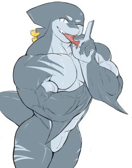 5_fingers animal_genitalia anthro arm_fin biceps biped bodily_fluids claws digital_media_(artwork) dripping eyebrows fangs fin fin_piercing fingers fish furgonomics furry-specific_piercing genital_slit genitals gesture grey_body grey_claws grey_eyebrows grey_tail hand_gesture hi_res holding_tongue looking_at_viewer male male_only marine matchykiwaii middle_finger muscles muscular muscular_anthro muscular_male nude pecs piercing pink_tongue pupils ring_piercing saliva saliva_drip saliva_on_tongue shark simple_background slit slit_pupils solo standing tail teeth tongue tongue_out vein veiny_muscles white_background yellow_eyes yellow_pupils