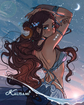 avatar_legends avatar_the_last_airbender back_view bikini dark-skinned_female dark_skin female kalisami katara moon outdoors solo_female swimsuit waterbending watermark