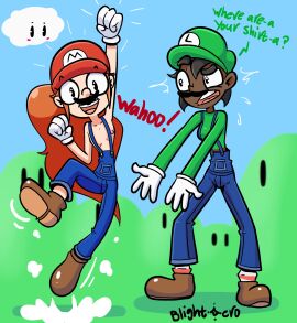 2girls annoyed artist_name artist_signature being_watched blightstar breasts clothed_futa cloud cosplay dark-skinned_female dark_skin dialogue emily_(blightstar) english_text excited fake_mustache female female_only ftm_crossgender futanari genderswap genderswap_(ftm) gesture gloves grass grass_field hat hill interracial intersex jess_(blightstar) jumping light-skinned_female light_skin luigi_(cosplay) mario_(cosplay) mario_(series) nintendo nip_slip nipple_slip oc open_mouth original_character outdoors overalls overalls_only pink_nipples rule_63 shoes small_breasts solo standing super_mario_bros. suspenders_slip topless wardrobe_malfunction yuri