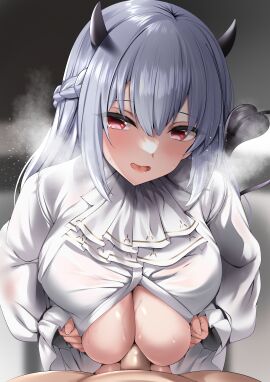 1boy 1girls ascot black_horns braid breasts circussion commentary_request demon demon_girl demon_horns demon_tail female french_braid grey_hair hakase_fuyuki hakase_fuyuki_(3rd_costume) horns huge_breasts light-skinned_female light-skinned_male light_skin long_hair long_sleeves looking_at_viewer male nijisanji open_mouth paizuri puffy_long_sleeves puffy_sleeves red_eyes shirt tail virtual_youtuber white_ascot white_shirt