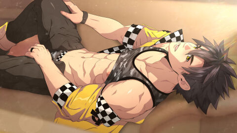 1boy abs black_hair blackmonkey_pro blush grey_underwear male male_focus male_only mazjojo muscles muscular muscular_male nipples open_mouth pink_nipples solo solo_focus solo_male underwear yaoi yellow_eyes young younger_male