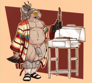 2024 anthro avian balls bara barbecue belly big_balls big_penis bird closed_eyes clothing cooking_tongs crayzee609 food footwear genitals grill grilling hi_res kitchen_utensils male mature_male meat mostly_nude musclegut muscular original original_character overweight overweight_male penis relaxed_expression relaxing robe saggy_balls sandals sausage shoes siegfried_(nightfaux) socks socks_with_sandals solo striped_genitalia striped_penis stripes thick_thighs tongs tools yaoi