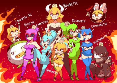 2018 2018s 2d 6+girls 8girls blue_eyes blue_hair blue_legwear blush bow bowser_jr. bowsette bowsette_jr. bracelet breasts cameltoe character_name cleavage clenched_hand closed_mouth collarbone colored_skin crossed_arms crossgender crown dark-skinned_female dark_skin diives dress earrings fang fangs female female_focus female_only fire full_body genderswap genderswap_(mtf) glasses gradient_background green_dress green_hair green_legwear hair hair_between_eyes hand_on_own_hip hand_up hands_on_own_cheeks hands_on_own_face hands_on_own_hips happy high_heels high_ponytail horns iggy_koopa iggysette jewelry knees_together_feet_apart koopa_clown_car koopaling larrette larry_koopa leg_up legs_apart lemmy_koopa lemmysette leotard long_hair looking_at_viewer ludwig_von_koopa ludwigsette mario_(series) matching_hair/eyes medium_breasts milf morton_koopa_jr. mortonsette mother_and_daughter mtf_crossgender multicolored_hair multicolored_skin multiple_females multiple_girls new_super_mario_bros._u_deluxe nintendo open_mouth panties personification pigeon-toed pink_bow pointy_ears polka_dot polka_dot_bow ponytail puffy_short_sleeves puffy_sleeves purple_dress purple_eyes purple_hair purple_legwear pussy raised_eyebrow red-framed_eyewear red_background red_eyes roy_koopa roysette rule_63 sharp_teeth shoes short_dress short_sleeves sideboob signature simple_background single_sleeve smile spiked_bracelet spiked_shell spikes squatting standing standing_on_one_leg strapless strapless_leotard sunglasses super_crown super_mario_bros. tail teeth thighhighs tinted_eyewear tongue tongue_out turtle_shell two-tone_skin underwear upskirt wendy_o._koopa white_panties yellow_dress yellow_legwear zettai_ryouiki