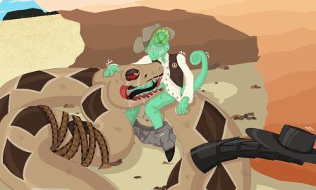 2_penises animal_genitalia animal_penis anthro anthro_on_feral bite biting_lip biting_own_lip blush bodily_fluids bottomwear bottomwear_down brown_body chameleon clothed clothing diphallia diphallism drooling duo erection fellatio feral genitals green_body grin hand_on_head hat headgear headwear licking lizard looking_at_another looking_at_partner male male/male male_only motion_lines multi_genitalia multi_penis nickelodeon open_mouth oral outside outside_sex oversized_oral pants pants_down paramount_pictures partially_clothed penile penis penis_lick pit_viper rango rango_(film) rattlesnake rattlesnake_jake red_eyes reptile reptile_penis saliva scalie sex sitting sitting_on_another size_difference smile snake sonjero1986 tan_body tongue tongue_out zoophilia