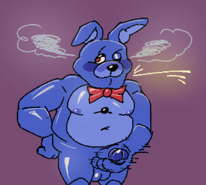 anthro balls blue_body blue_fur blue_nipples blue_penis blush bonnie_(fnaf) bowtie electricity enterman five_nights_at_freddy's fnaf furry humanoid humanoid_genitalia humanoid_penis male male_focus male_only masturbation one_eye_closed penis purple_background rabbit red_eyes robot shiny simple_background solo steam