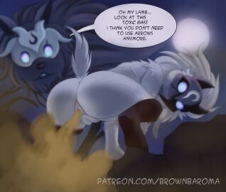 absurd_res ambiguous_gender anthro anus ass bovid brownbaroma canid canine canis caprine dialogue english_text fart fart_cloud fart_fetish female fur genitals hi_res kindred lamb_(league_of_legends) league_of_legends light mammal mask mask_only moon moonlight night nude pussy riot_games sheep solo tencent text url wearing_mask wolf wolf_(league_of_legends)