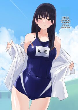big_breasts black_hair breast_exposed breasts cycloneaction dialogue female ichinose_houtaro in_love in_public kamen_rider kamen_rider_gotchard_(series) rinne_kudo school_swimsuit shameless translated