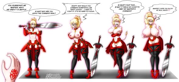 1girls alternate_breast_size bell bell_collar big_breasts bimbo bimbofication blonde_hair breast_expansion breast_growth breast_growth_(enlargement) breasts collar cow_bell cow_bell_collar cow_horns cow_tail cow_transformation cowgirl english_text fate_(series) female female_only green_eyes high_heel_boots high_heels hucow hyper_breasts lactating lactation mordred_(fate) nipples ponytail revealing_clothes schinkn skimpy_clothes stockings sword text transformation transformation_sequence weapon