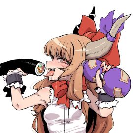 2d 2d_(artwork) armpits bare_shoulders blush breasts clothed clothed_female ehoumaki fangs female food holding holding_object horns oni phallic_imagery red_eyes sharp_teeth simple_background small_breasts suggestive suggestive_food suggestive_pose suika_ibuki sushi touhou white_background yumemori