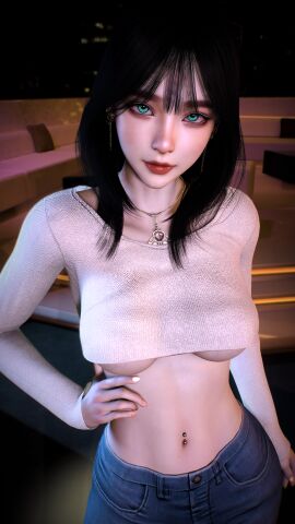 1girls 3d 4k aqua_eyes asian asian_female big_breasts black_hair breasts crashbanditkut earrings female female_focus hair hi_res high_resolution highres jeans jewelry light-skinned_female light_skin lips lipstick medium_hair navel navel_piercing necklace original original_character piercing solo topwear virt-a-mate virtamate