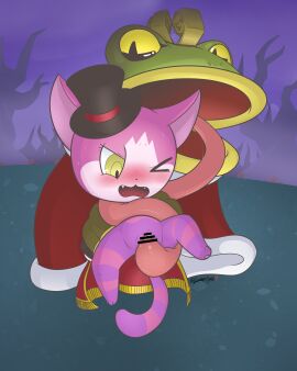 4:5 absurd_res anthro blush crown cunnilingus cuntboy cuntboy/male domestic_cat duo felid feline felis fur headgear hi_res intersex intersex/male krowe_king lemontyne male mammal obakeidoro! one_eye_closed oral purple_body purple_fur pussy sex sharlie_(obakeidoro!) tail toad tongue_in_pussy vaginal_penetration