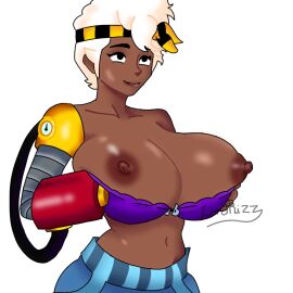 1girls alternate_version_available areolae artist_signature bandana big_breasts brawl_stars breasts breasts_out colored colored_sketch dark-skinned_female dark_skin disability female female_focus female_only holding_breast huge_breasts jeans lordrizz maisie_(brawl_stars) missing_arm nipples robotic_arm smile smiling solo solo_female solo_focus tagme white_hair