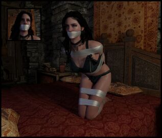 3d arms_behind_back black_bra black_hair black_panties bondage bound_arms bound_legs bra female gag gagged kneeling kneeling_female lord_kamski panties tape_bondage tape_gag the_witcher_(series) underwear yennefer