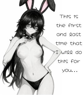 1girls areolae big_thighs black_and_white black_hair breasts bunny_ears choker english_text erect_nipples female female_only g_string green_eyes half-dressed hand_on_hip long_hair looking_at_viewer medium_breasts narrow_waist nipples oc panties panties_only roblox robloxian self_upload sexy_pose talking_to_viewer text thighs thong tired topless_female undeadcrash wavy_hair
