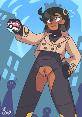 1girls black_hair blush bodysuit bodysuit_open dark-skinned_female embarrassed embarrassed_nude_female emma_(pokemon) emma_(pokemon_legends:_z-a) exhibitionism exposed_pussy female female_only game_freak half-dressed half_naked jacket matiere_(pokemon) matiere_(pokemon_legends:_z-a) miraclemattr nintendo pokeball pokemon pokemon_legends:_z-a pubic_hair pussy short_hair solo tomboyish