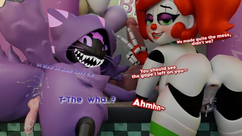 1boy 1girls 3d animatronic anthro baby_(fnafsl) circus_baby circus_baby_(fnaf) clown clown_girl cum cum_dripping cum_dripping_from_ass cum_dripping_from_pussy cum_on_penis dialog duo english english_dialogue english_text felid feline female femboy_on_female five_nights_at_freddy's five_nights_at_freddy's:_sister_location green_eyes jordevoir male oc original_character penis pussy red_hair so87baby soniclux striped_socks summer_of_87_baby text thigh_high_socks thigh_socks twintails twitter_sample
