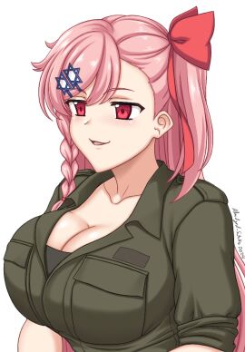 1girls abridged-satoko big_breasts breasts cleavage cleavage_cutout female girls'_frontline military_uniform negev_(girls'_frontline) pink_hair red_eyes