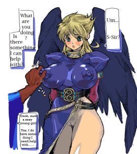 1boy 1girls big_breasts big_nipples bimbo blonde_hair bottomless breasts breath_of_fire breath_of_fire_ii clothing dark-skinned_male dark_skin dialogue erect_nipples erect_nipples_under_clothes female female_focus groping hard_translated huge_breasts huge_nipples imminent_sex impossible_clothes impossible_clothing impossible_shirt large_breasts large_nipples male nina_(breath_of_fire_ii) nipple_bulge nipples nipples_visible_through_clothing no_panties petitdry pussy skin_tight solo_focus speech_bubble text tight tight_clothes tight_clothing tight_shirt wings