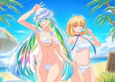2girls absurdres arcueid_brunestud arcueid_brunestud_(dazzling_moon) arcueid_brunestud_(mooncancer) bare_shoulders beach beach_umbrella bikini blonde_hair blue_hair blue_ribbon blue_sky blush braid breasts cleavage colored_inner_hair eating fate/grand_order fate_(series) female flower food green_eyes green_hair hair_flower hair_ornament highres kaworu13 kukulkan_(fate) large_breasts long_hair looking_at_viewer multicolored_hair multiple_females multiple_girls navel neck_ribbon open_mouth palm_tree popsicle red_eyes ribbon shore short_hair sidelocks sky smile swimsuit thighs tree tsukihime umbrella white_bikini