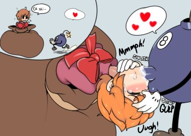 4_fingers animate_inanimate balls black_eyes black_text blush bodily_fluids body_part_in_mouth bomb bow_tie brown_clothing brown_footwear brown_shoes captain_kirb closed_eyes clothing cum cum_from_mouth cum_in_mouth cum_inside cybernetics cyborg duo explosives face_fucking fellatio female female_human female_penetrated fingers footwear genital_fluids genitals george_(skullgirls) gloves gulp_(sound_effect) hair handwear heart_symbol human human_ears human_penetrated humanoid humanoid_genitalia humanoid_penis imminent_fellatio imminent_oral imminent_sex irrumatio lit_fuse machine male male/female male_humanoid male_penetrating male_penetrating_female mammal mph! oral oral_penetration orange_hair peacock_(skullgirls) penetration penile penis penis_in_mouth pink_blush red_bow_tie red_heart sack sacked sex shoes skullgirls tan_body tan_ears tan_nose tan_skin text upside_down_fellatio white_clothing white_gloves white_handwear