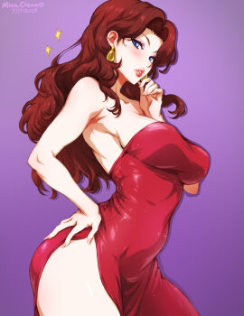 1girls blue_eyes blush breasts brown_hair donkey_kong_(series) dress eyeshadow female large_breasts lipstick makeup mario_(series) minacream nintendo pauline pauline_(mario) pink_eyeshadow red_dress red_lipstick voluptuous